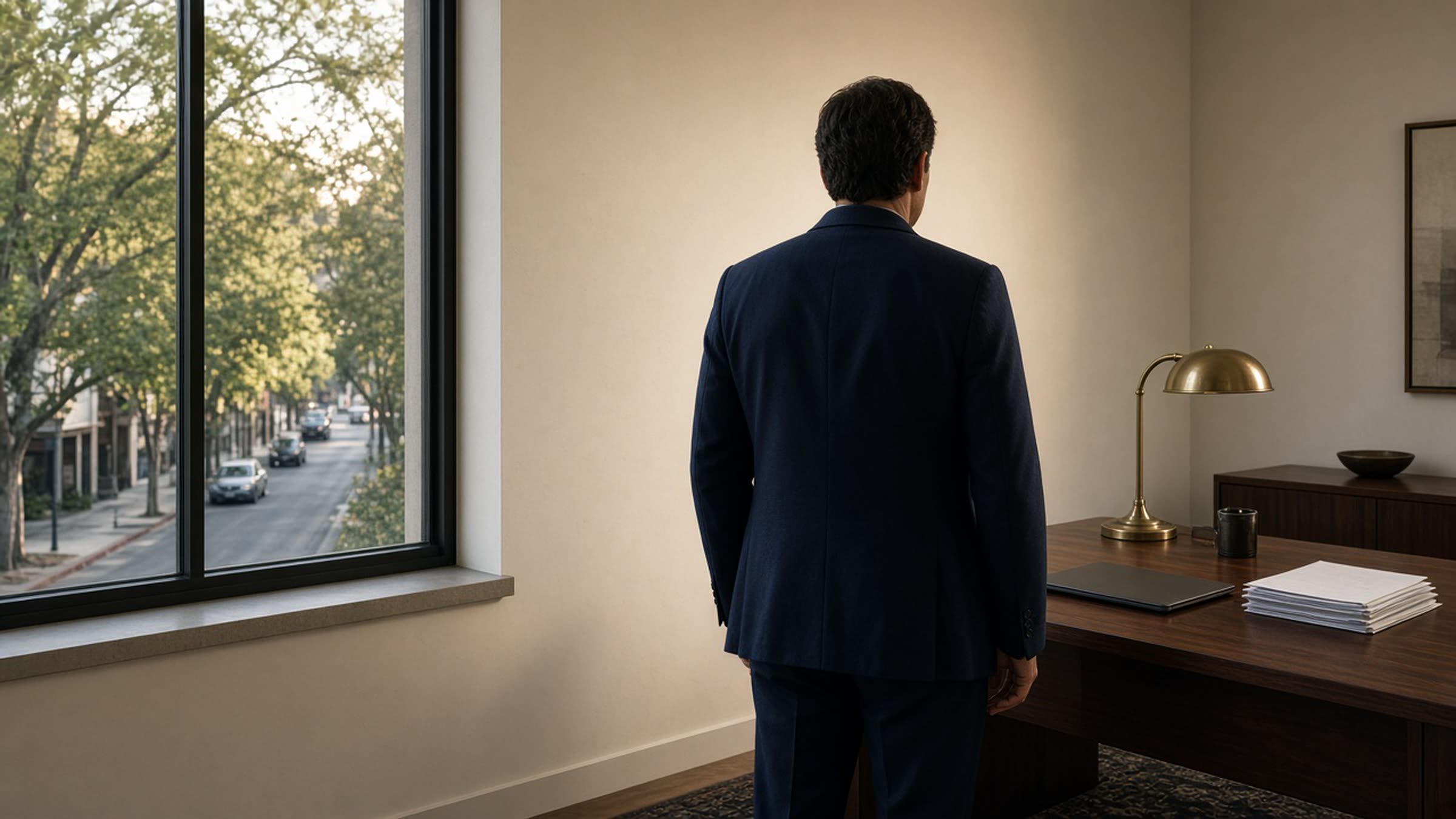 Accountant at a desk in a Sherman Oaks office, back to camera, closed laptop and paper files beside the window.