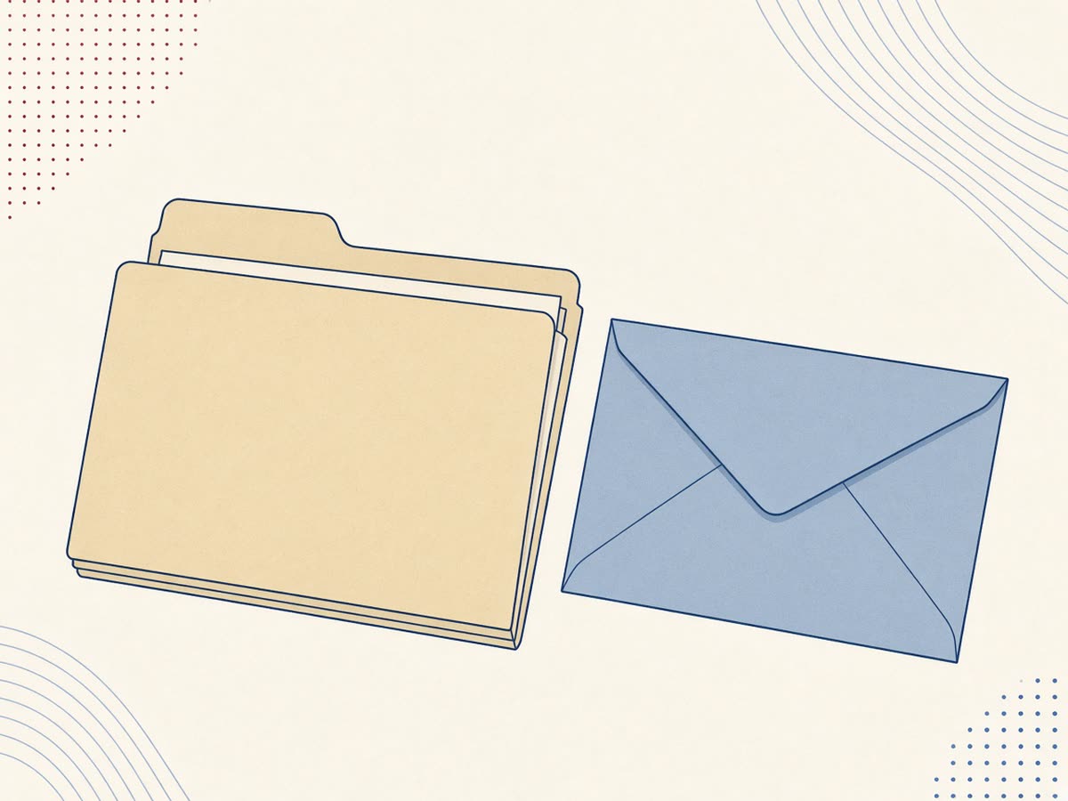 Editorial line drawing of an IRS envelope beside a closed folder.