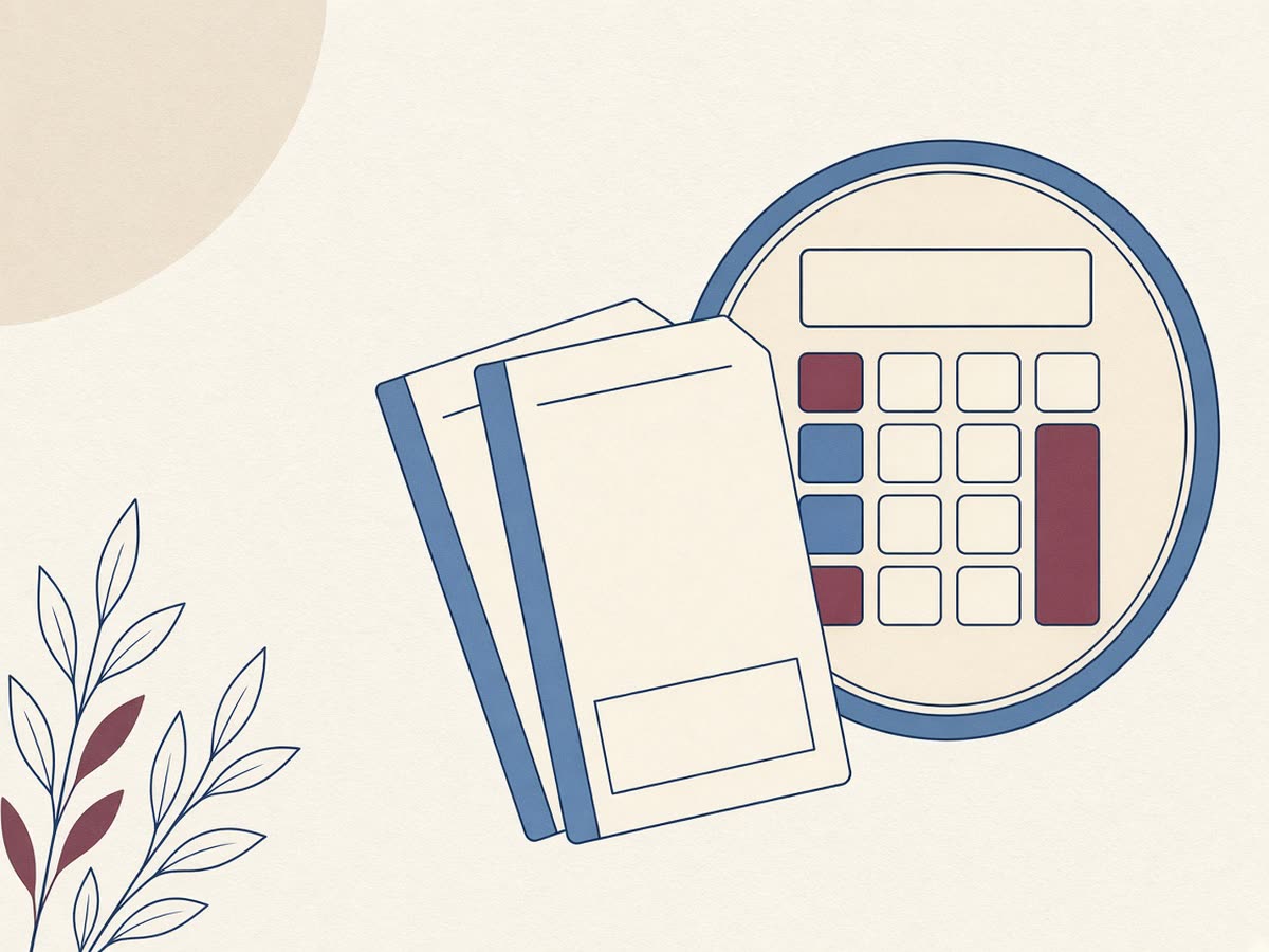 Editorial line drawing of pay stubs fanned next to a calculator.