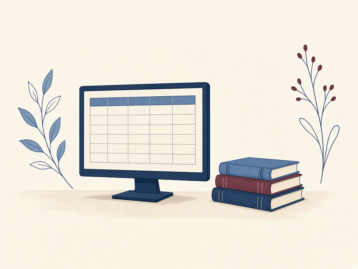 Editorial line drawing of a desktop bookkeeping screen with simple books, no readable text.