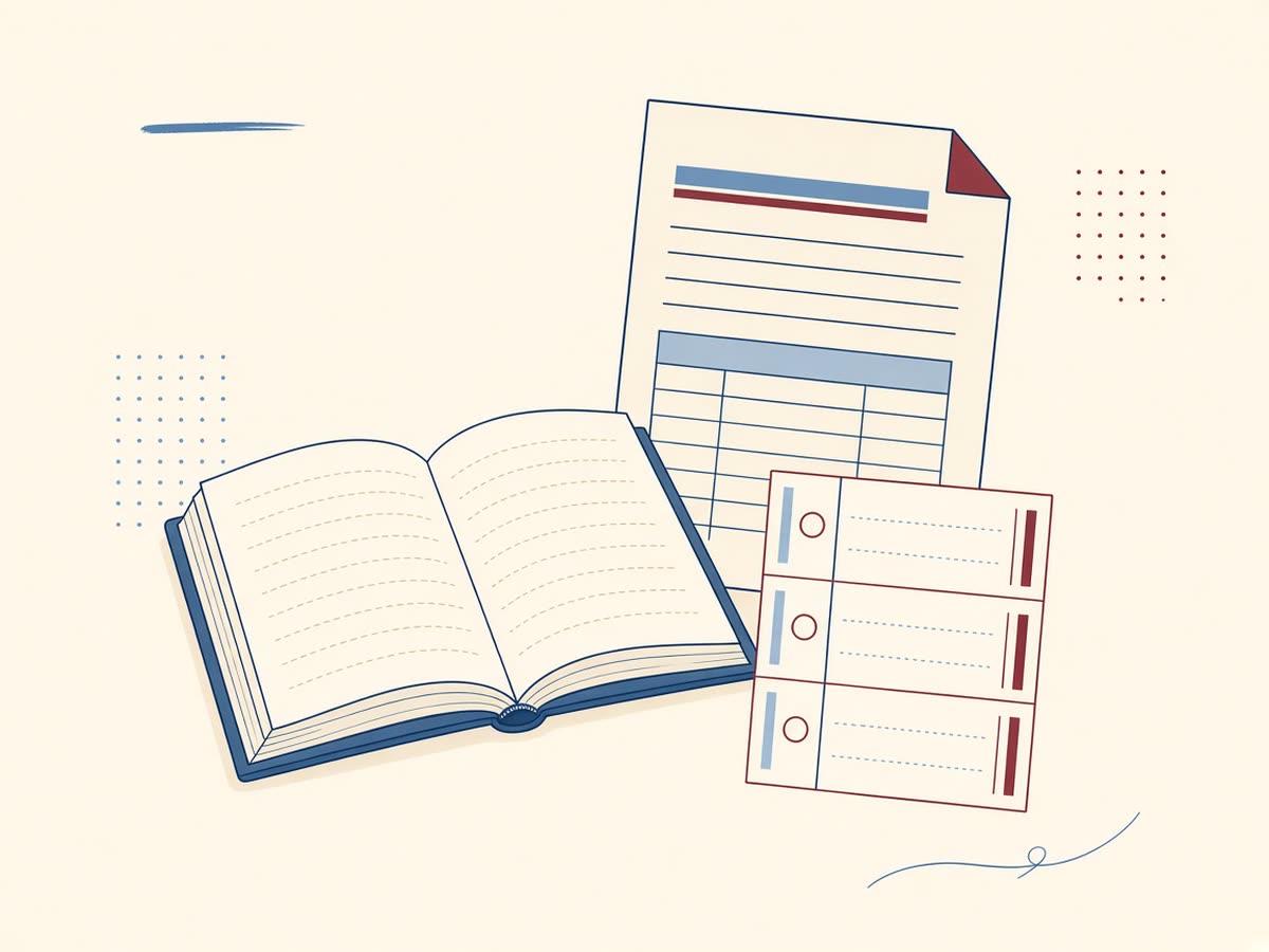 Editorial line drawing of a ledger, bank statement, and a balanced column of figures.