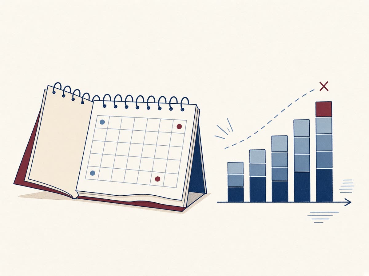 Editorial line drawing of a calendar and a simple year-ahead tax sketch.