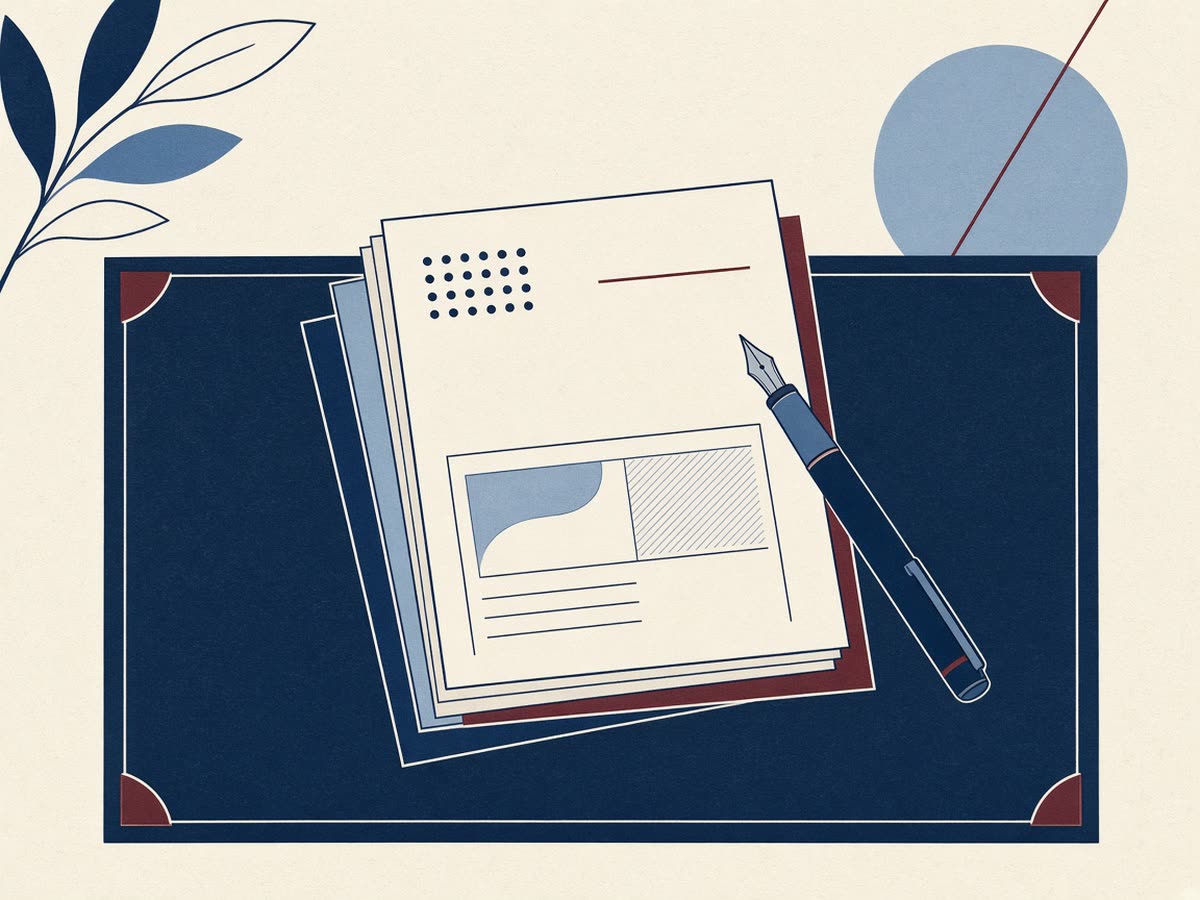 Editorial line drawing of a tax return packet and a pen on a desk.