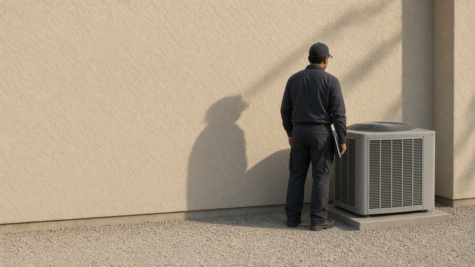 Technician standing beside an installed condenser in a Granada Hills side yard.