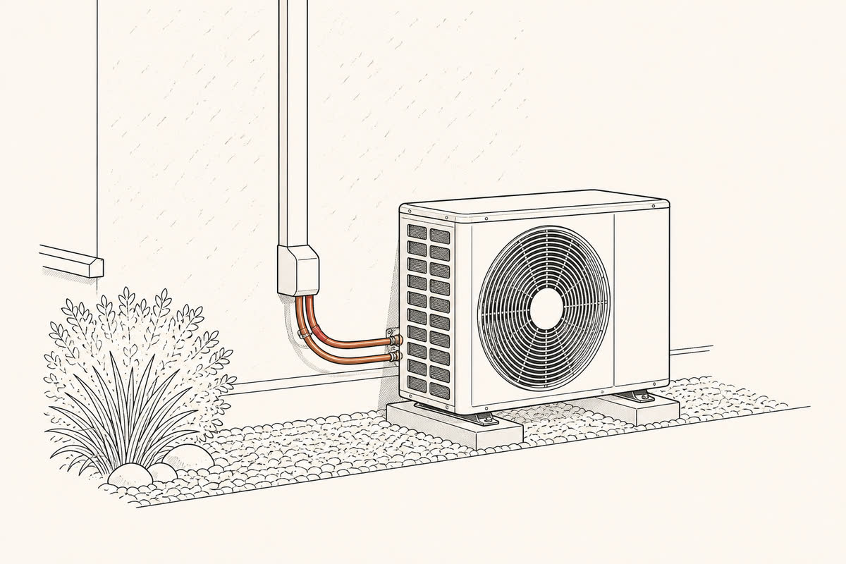 Line drawing of a split air-conditioning condenser beside a house wall.