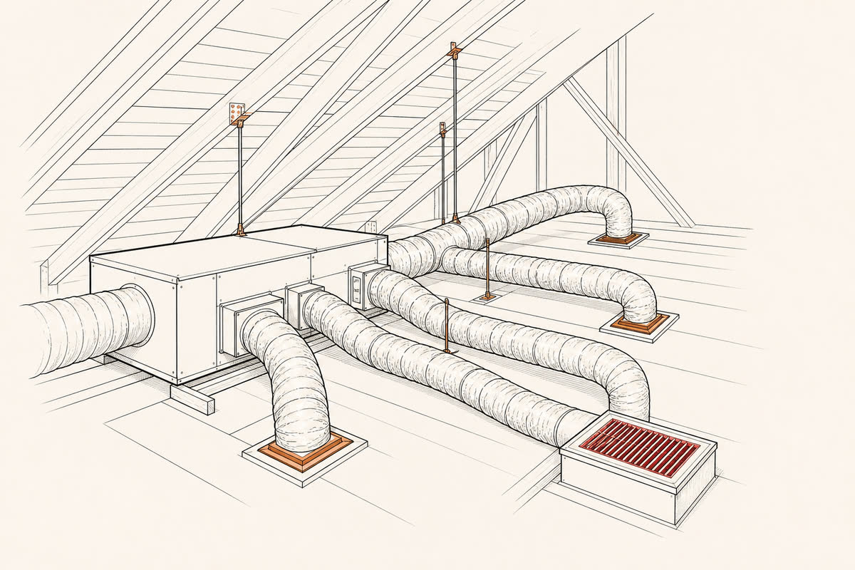 Line drawing of new duct runs in an attic.