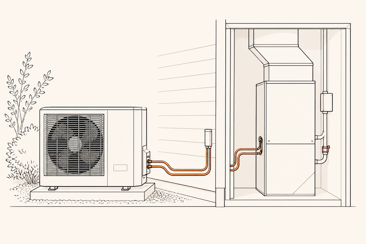Line drawing of a heat-pump condenser and air handler.