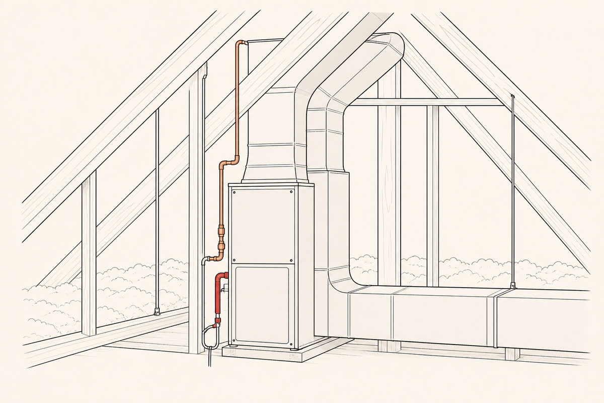 Line drawing of a furnace cabinet with supply and return ducts.