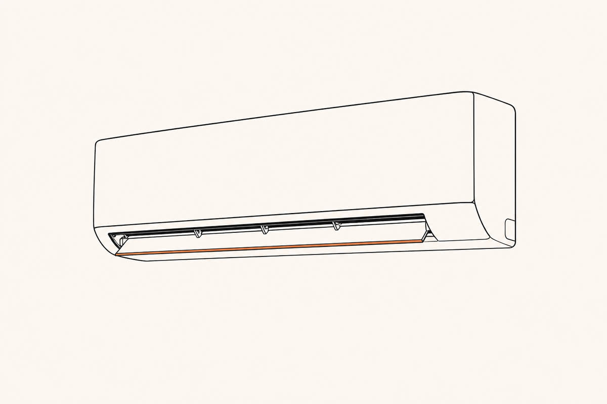 Line drawing of a ductless indoor head on a wall.