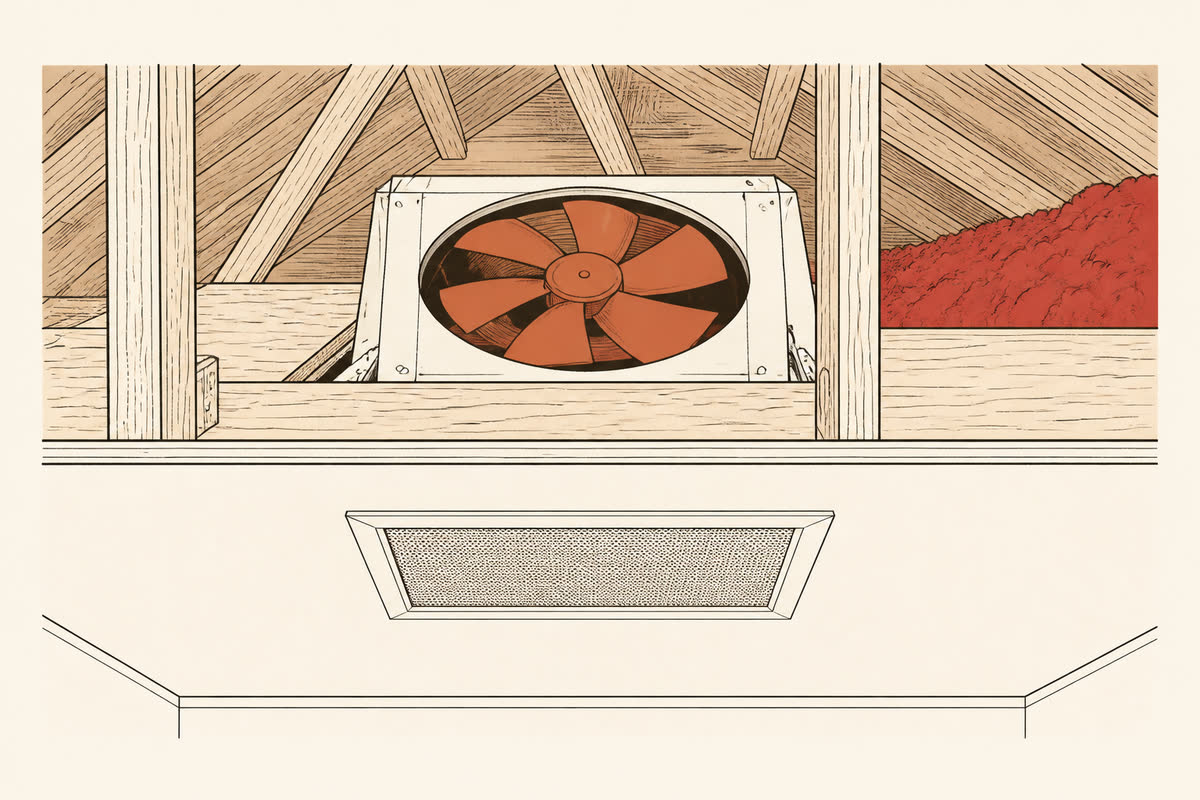 Line drawing of a whole-house fan in an attic opening.