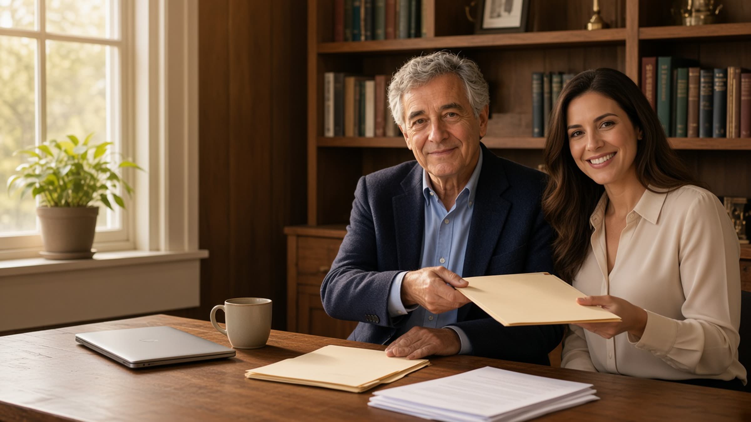 A certified public accountant greeting a client across a desk in a warm Glendale office.