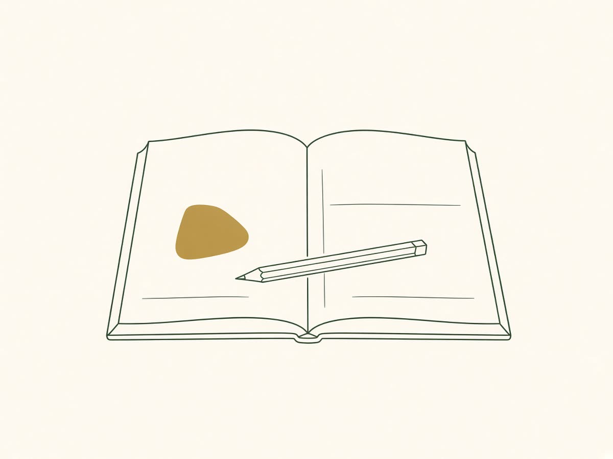 Line drawing of a ledger book with a pencil resting on it.