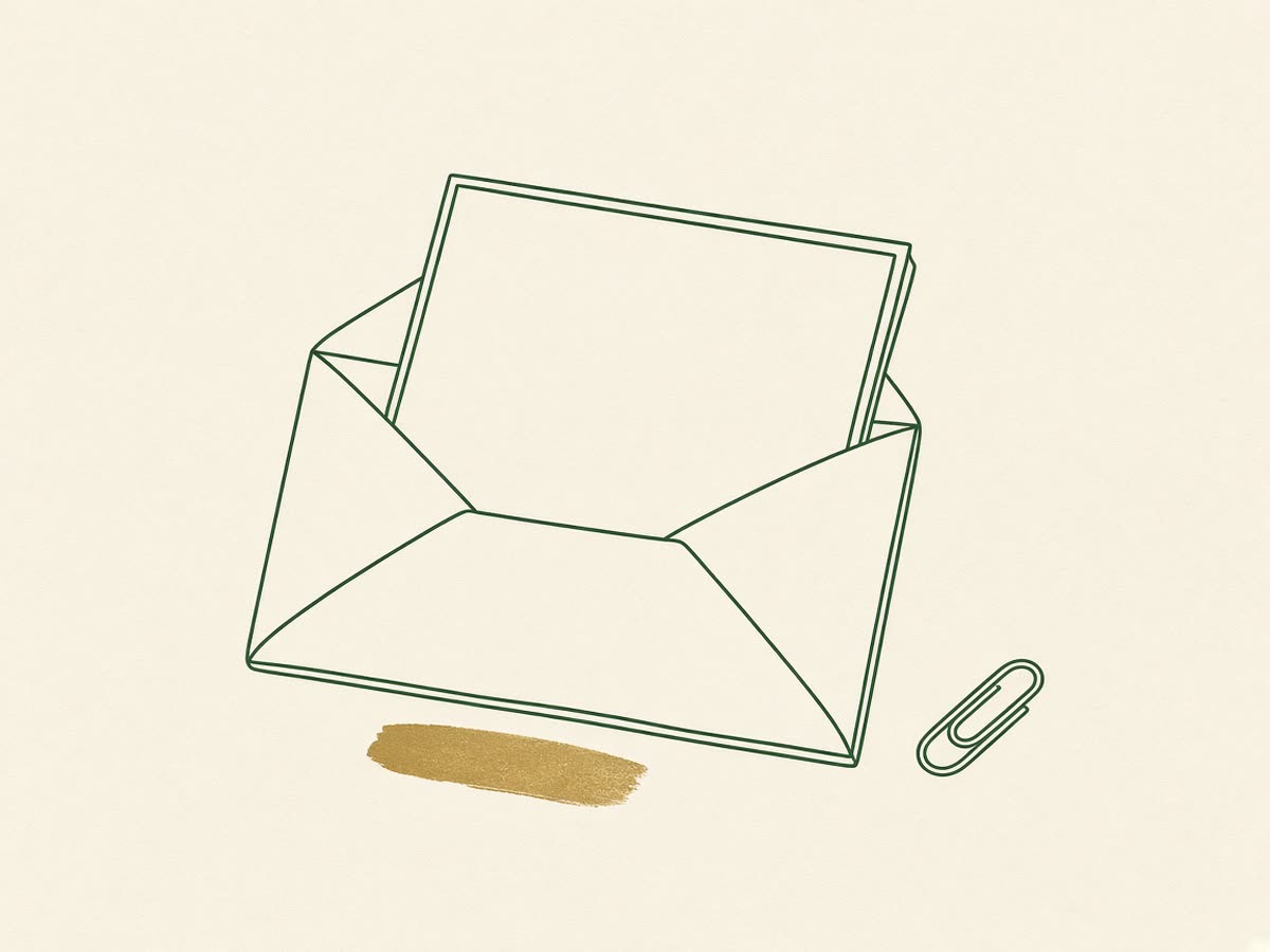 Line drawing of a hand holding an opened letter beside a calm desk.
