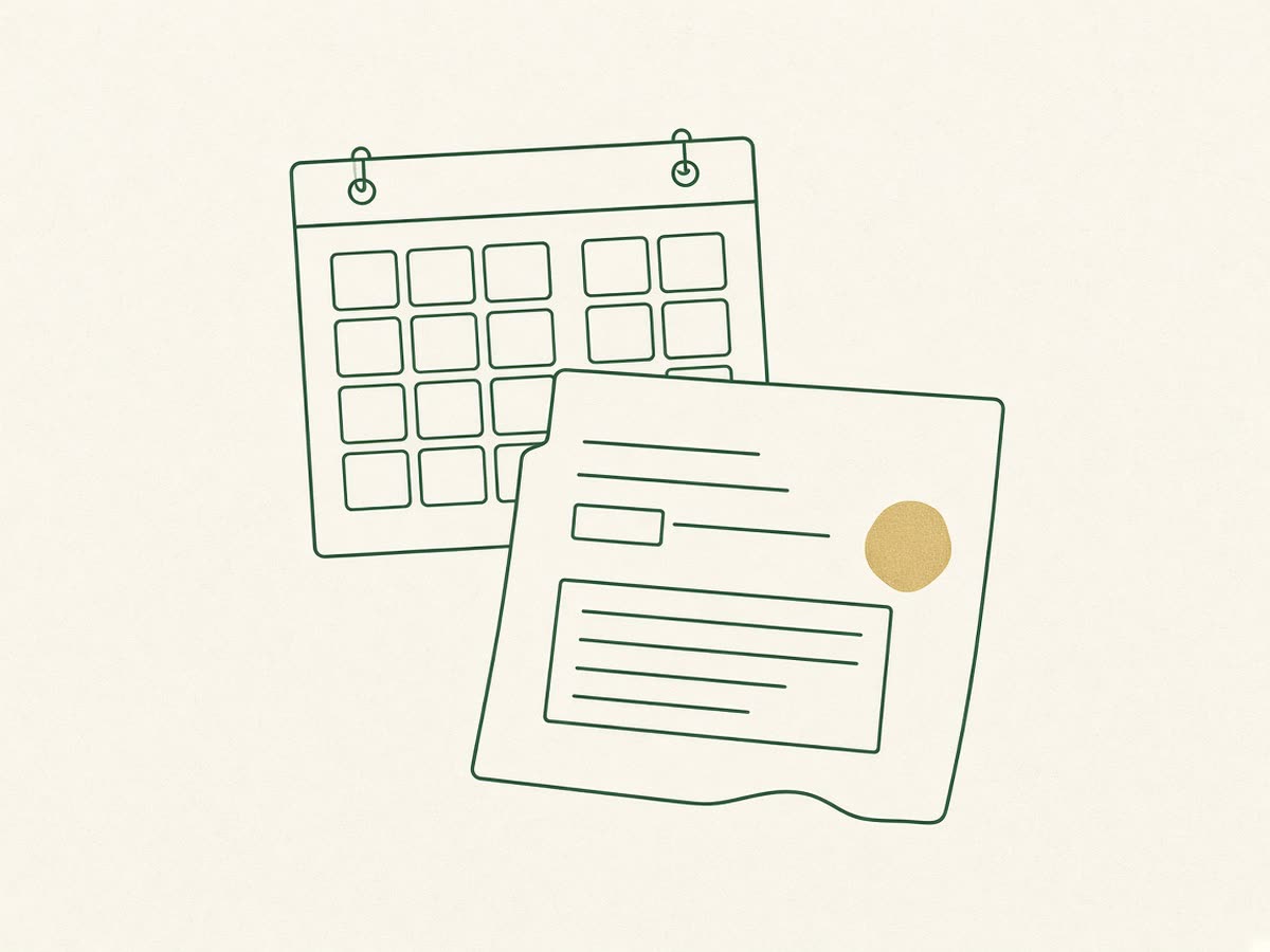 Line drawing of a paycheck and a small calendar page.