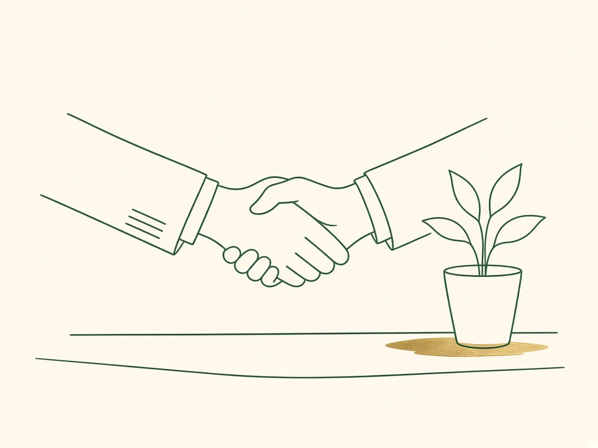 Line drawing of two hands shaking across a desk with a small plant.