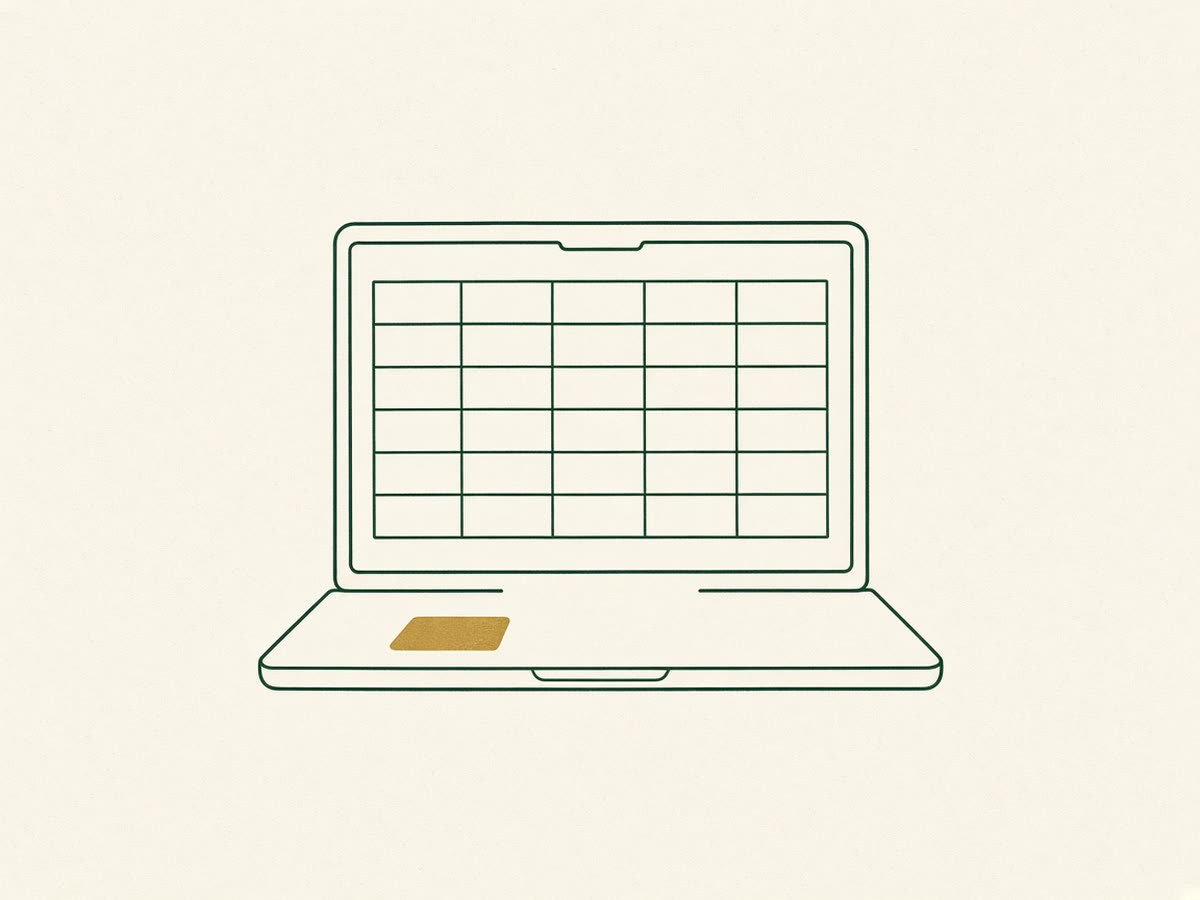 Line drawing of a laptop showing a simple ledger grid.