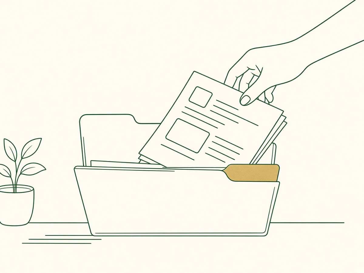 Line drawing of a hand placing a finished tax form into a folder.