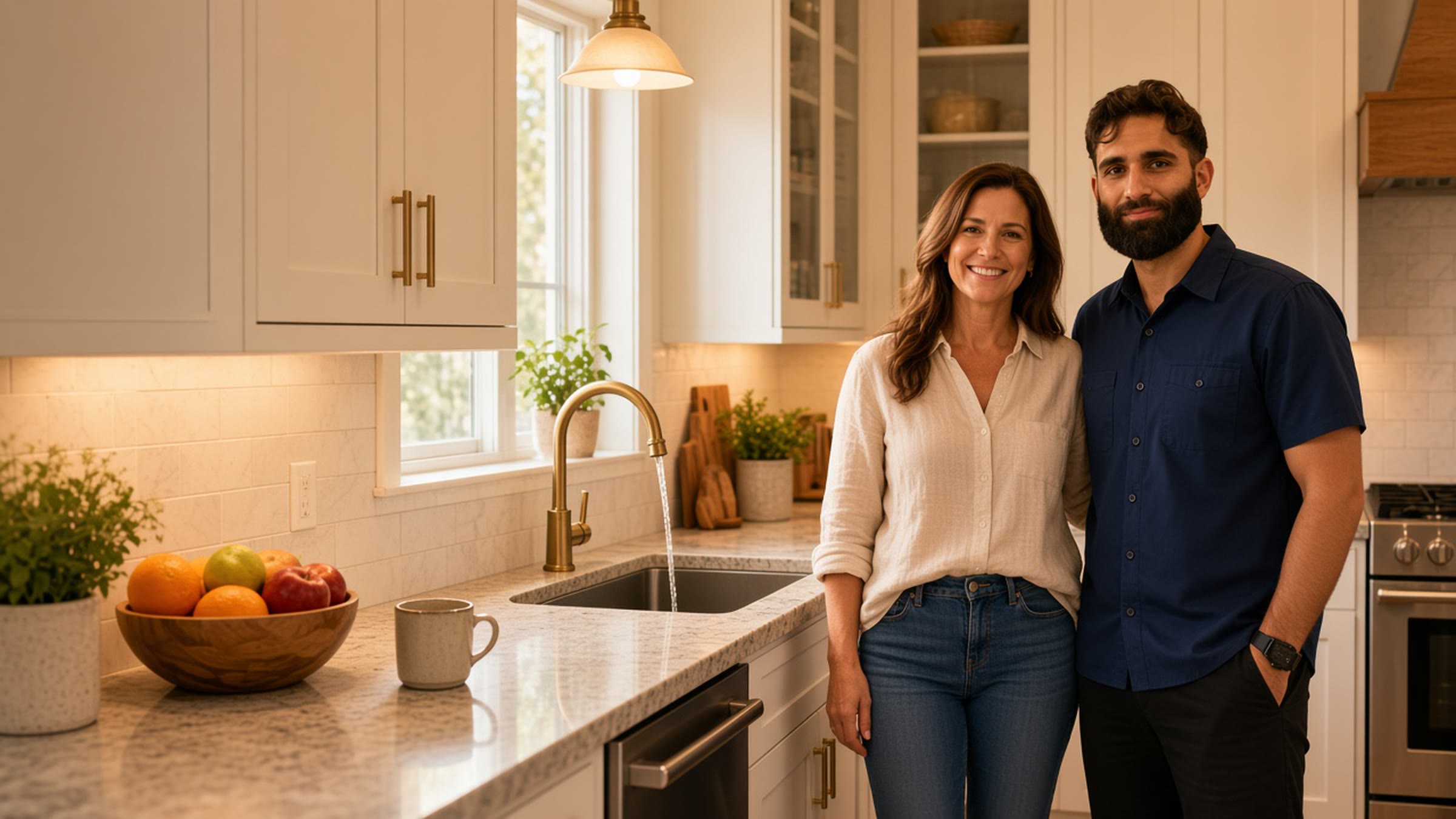General contractor talking with a homeowner in a finished Los Angeles kitchen.