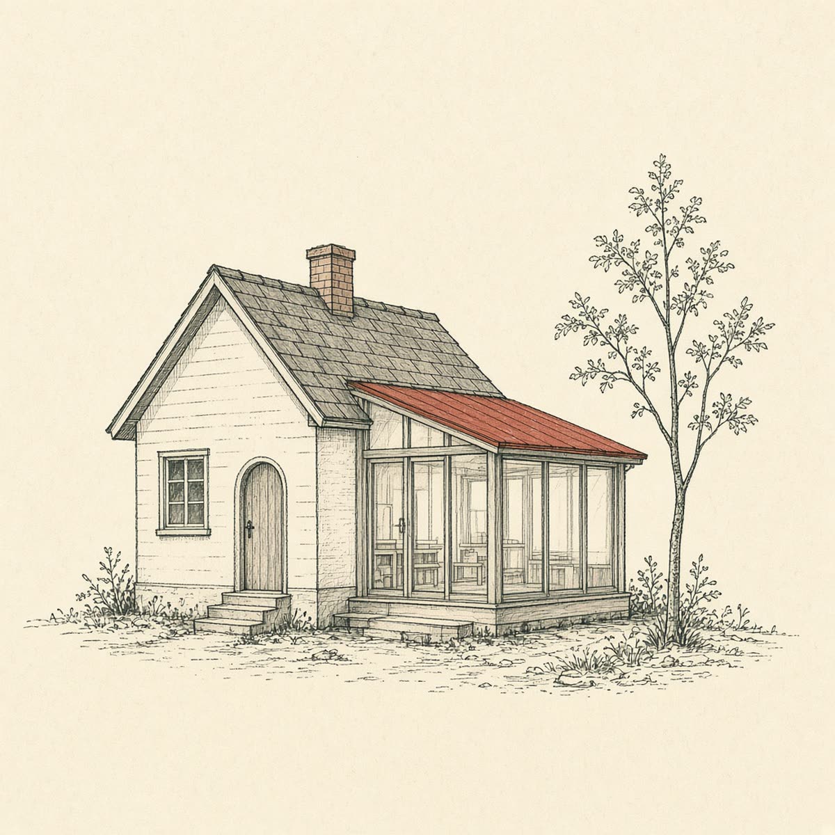 Line drawing of a house with a new framed addition.