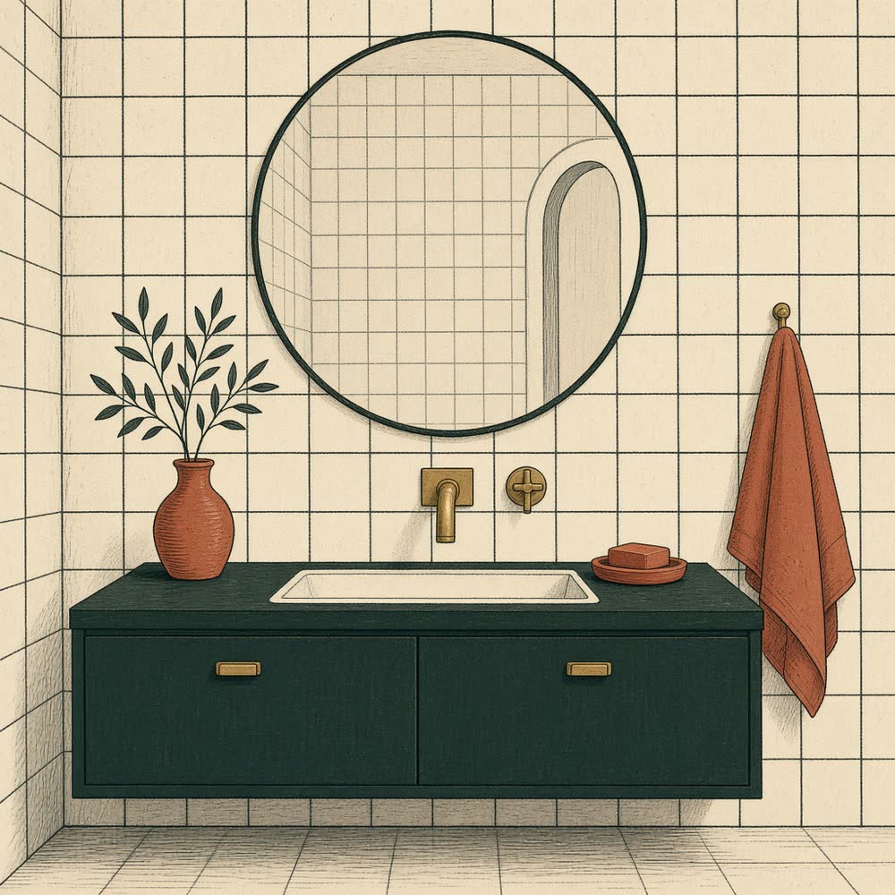 Line drawing of a bathroom vanity with mirror and tile.