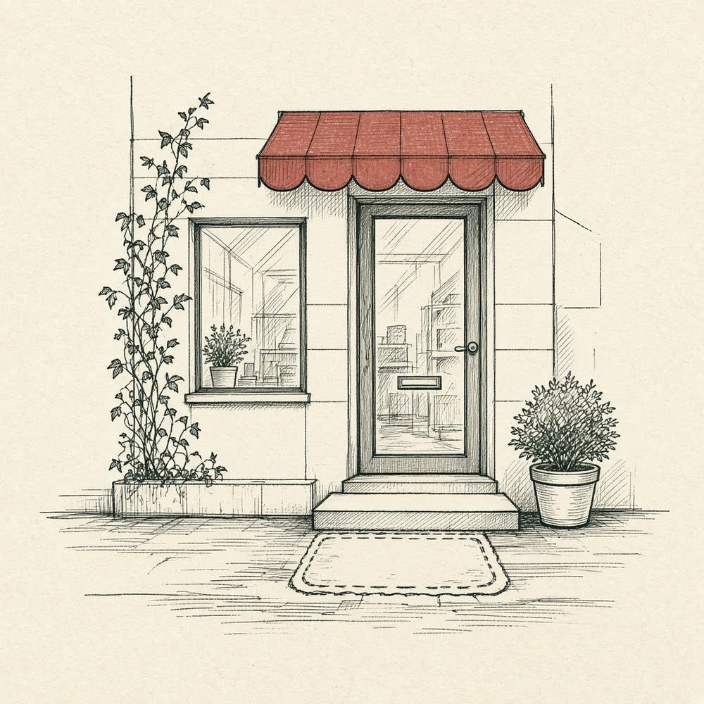 Line drawing of a storefront with a repaired entry.