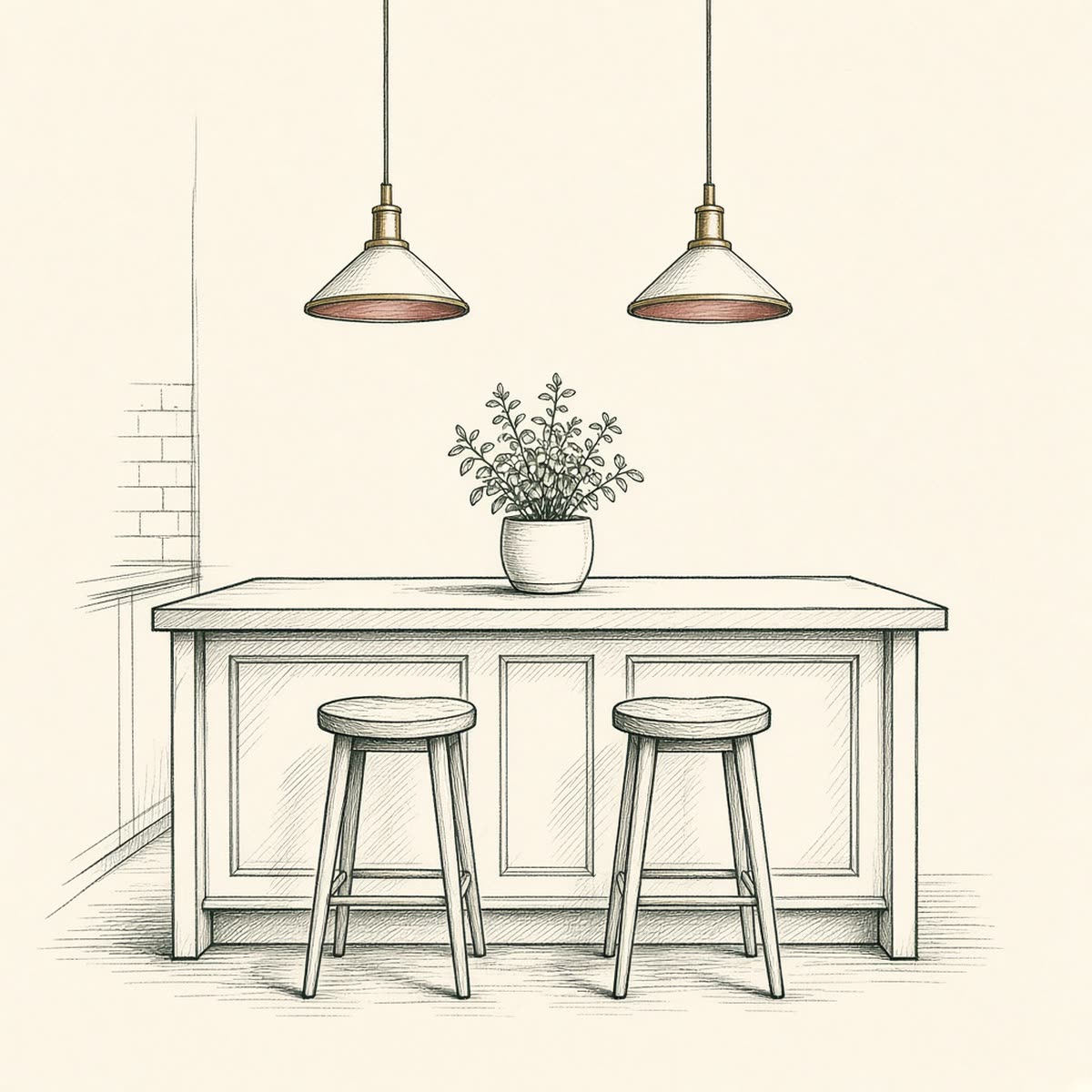 Line drawing of a kitchen with an island and wall cabinets.