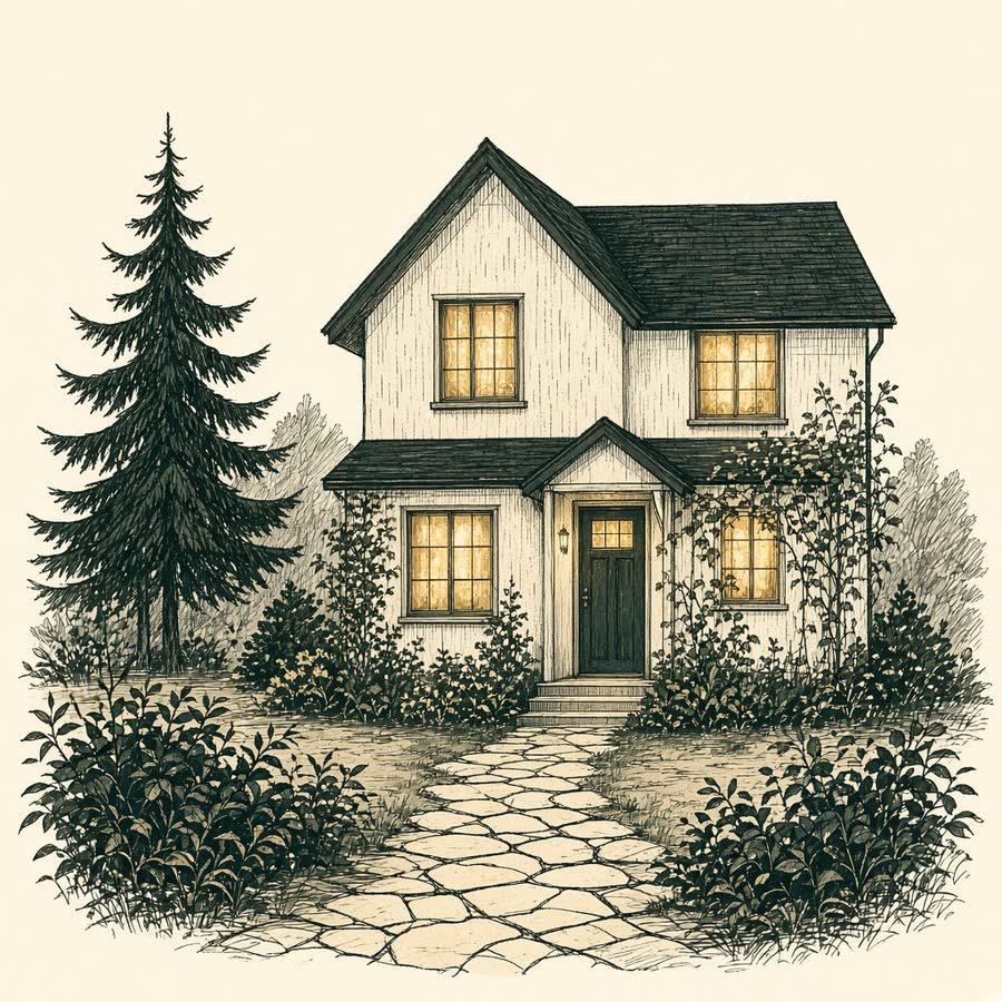 Line drawing of a two-story house with a new roof line.