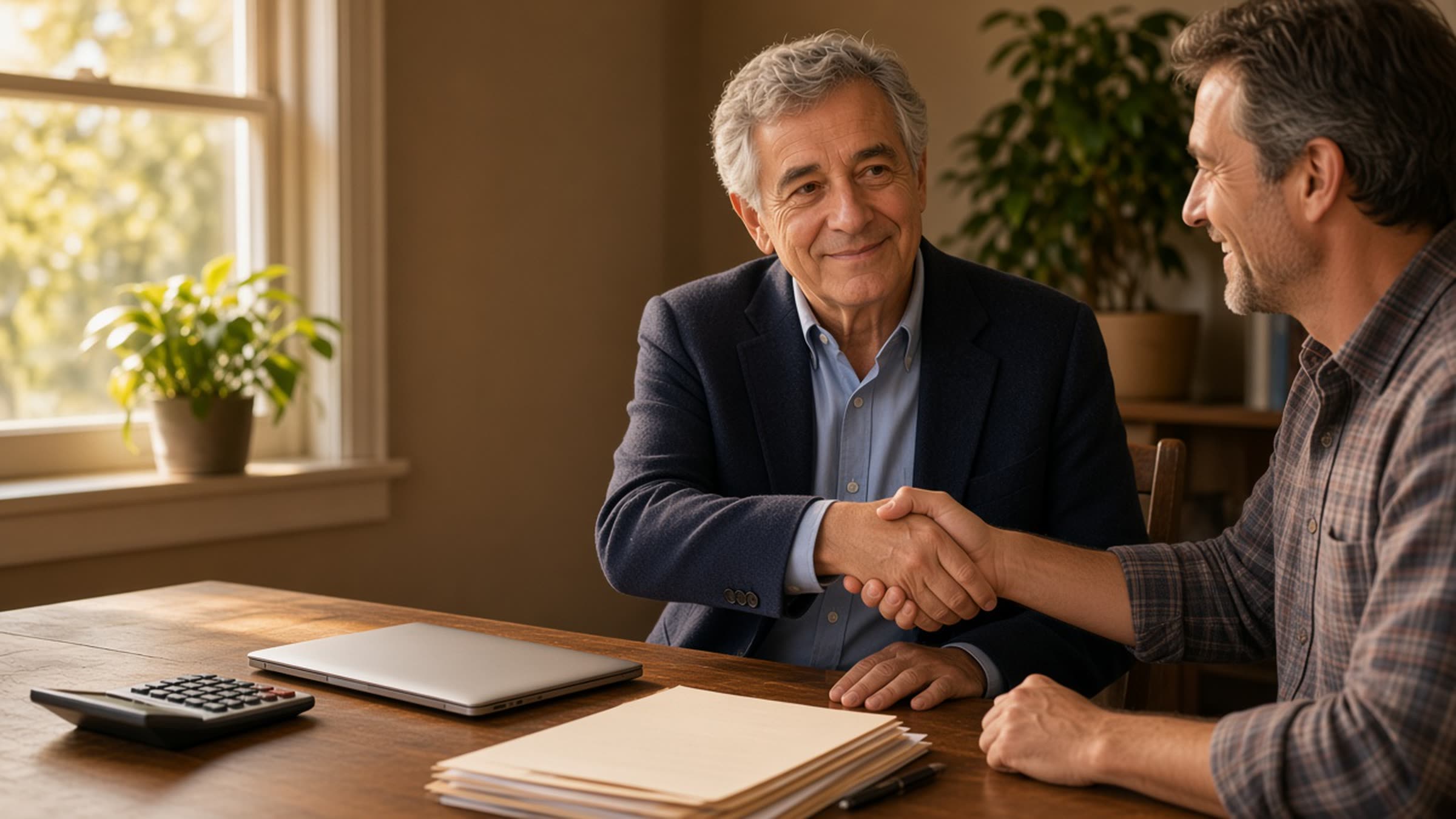 Ben Briones, a CPA, smiling beside a client across a desk with a closed laptop and finished tax folders in a Northridge office.
