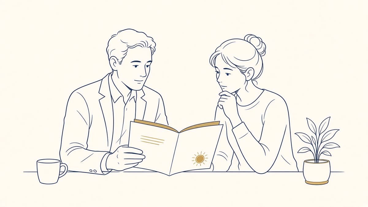 Line drawing of a CPA holding an opened IRS letter beside a client, both looking at it calmly.