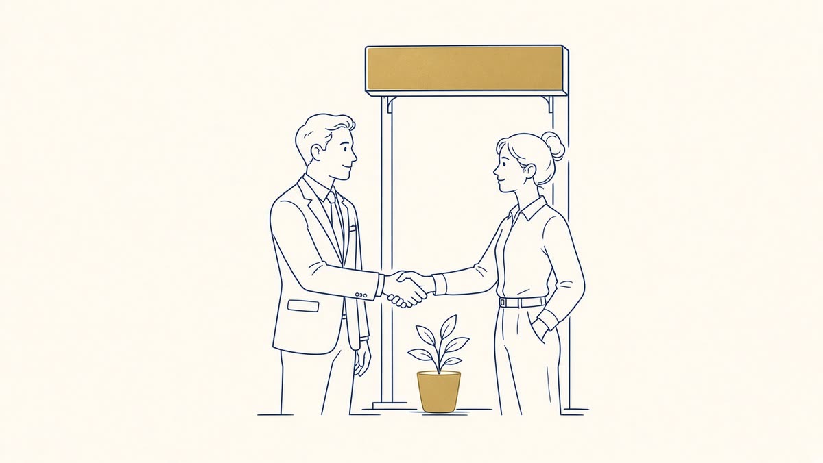 Line drawing of a CPA shaking hands with a new owner in front of a small shop sign.