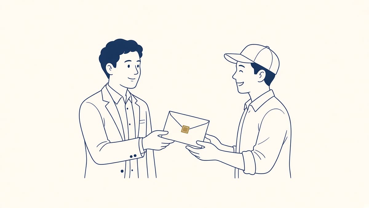 Line drawing of a CPA handing a pay envelope to a smiling worker.