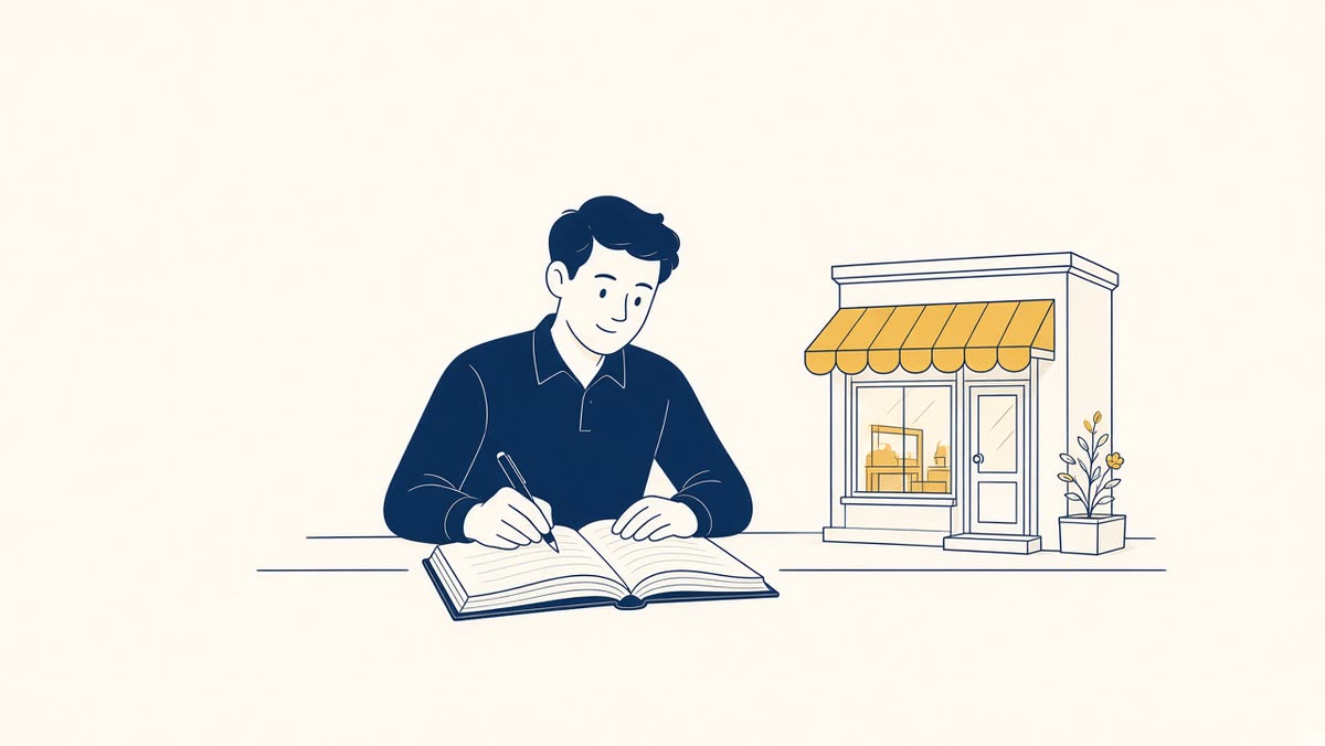 Line drawing of a CPA entering numbers in an open ledger beside a small storefront.
