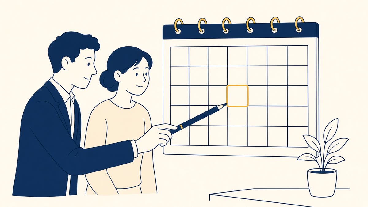 Line drawing of a CPA and client looking at a calendar with a pencil marking year-end.