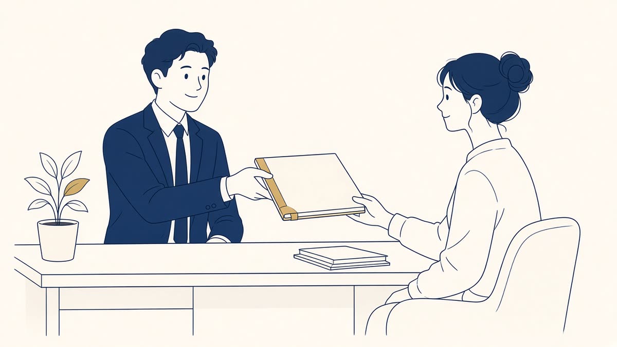 Line drawing of a CPA handing a finished tax folder to a client across a desk.
