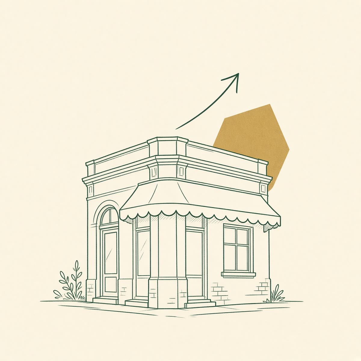 Line drawing of a storefront with a rising arrow.