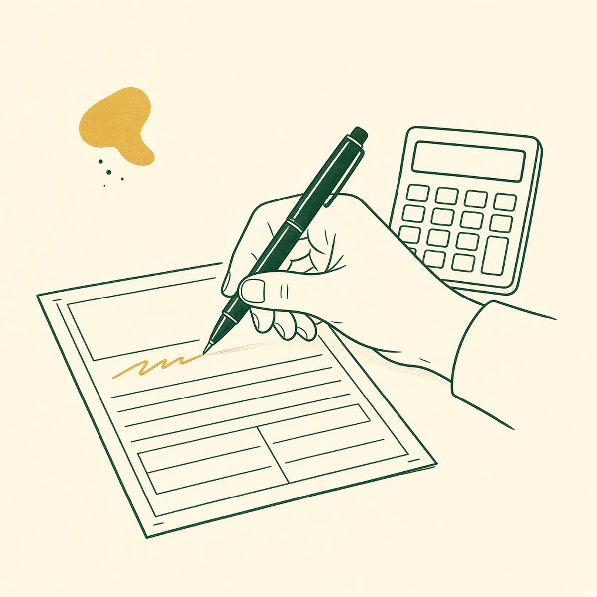 Line drawing of a hand signing a tax return beside a calculator.