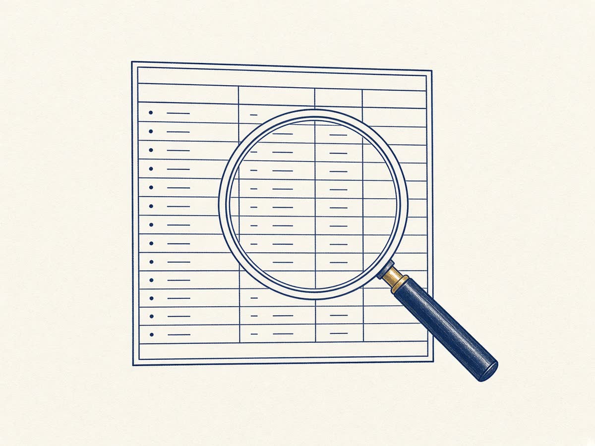Line drawing of a magnifier over a financial statement.