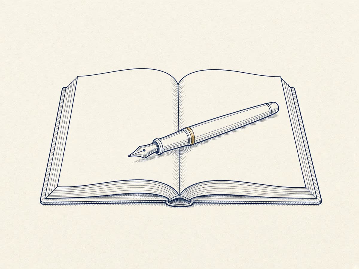 Line drawing of a ledger book with a pen.