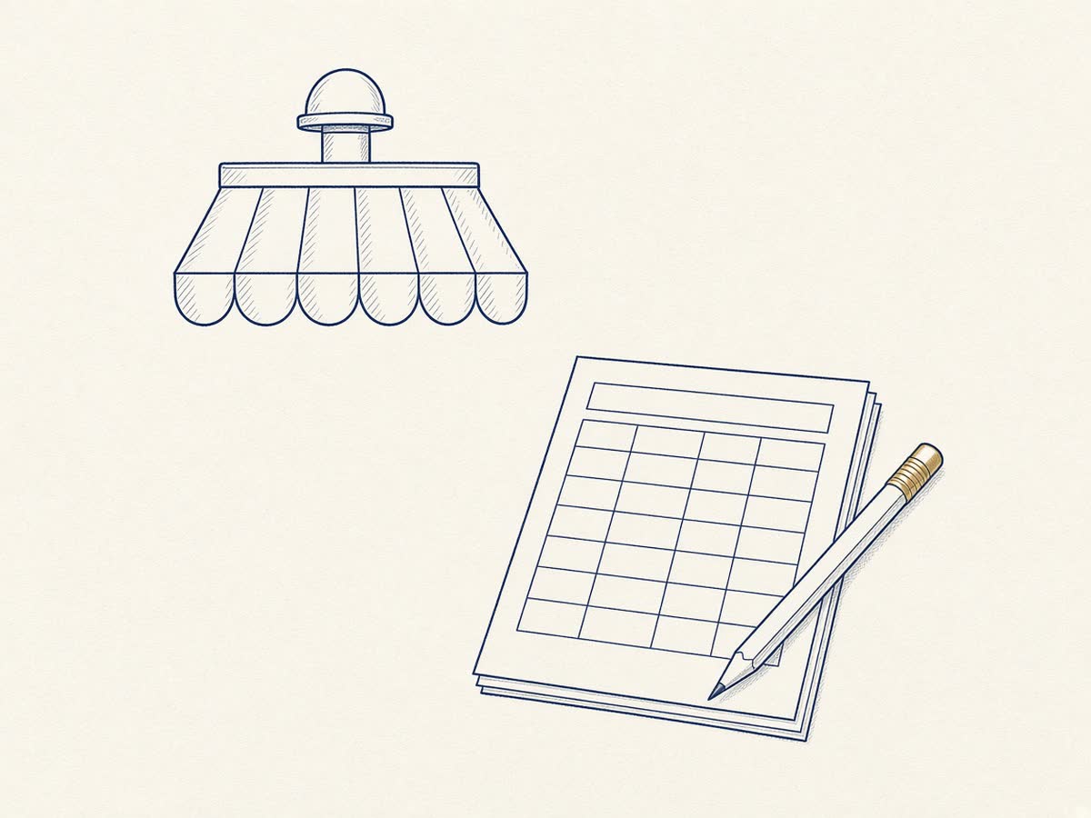 Line drawing of a storefront with a tax form and pencil.
