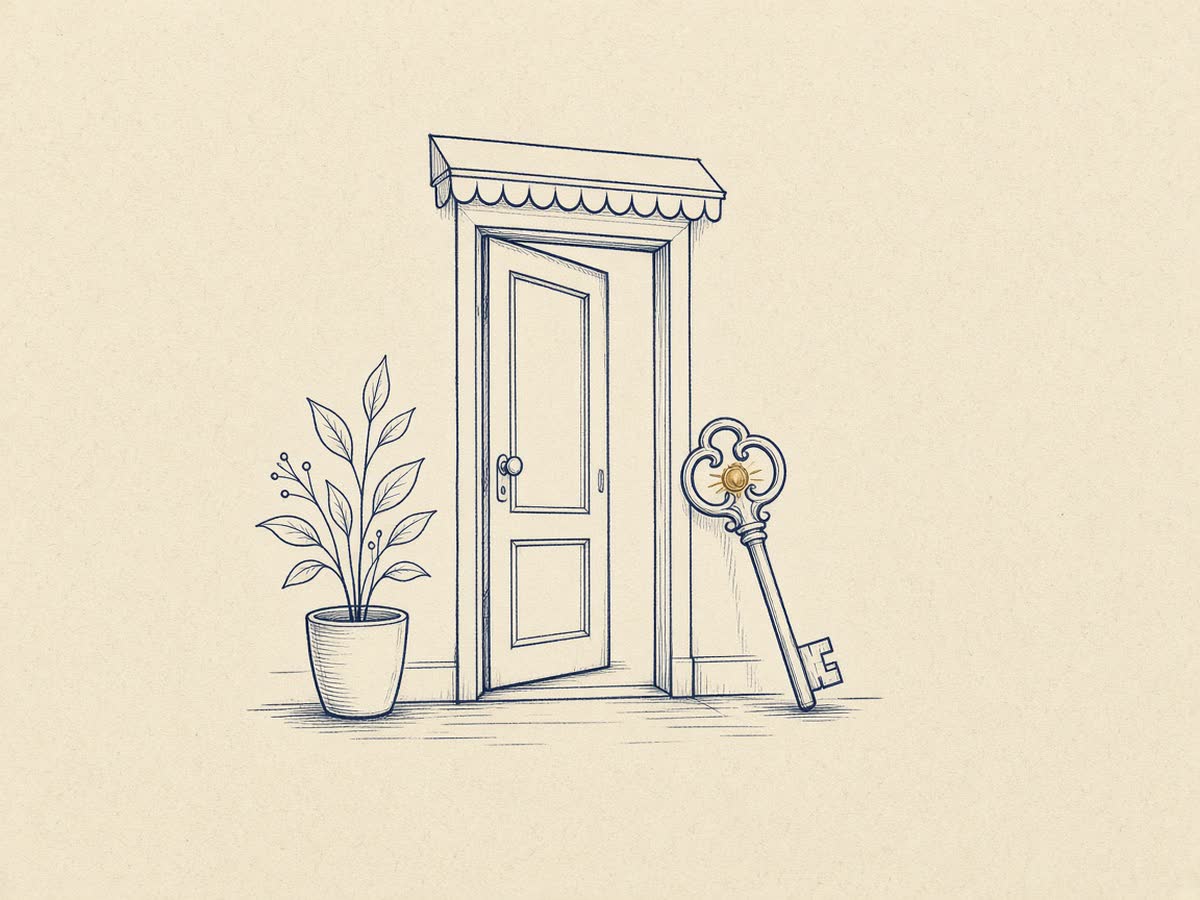 Line drawing of a new shop door with a key.