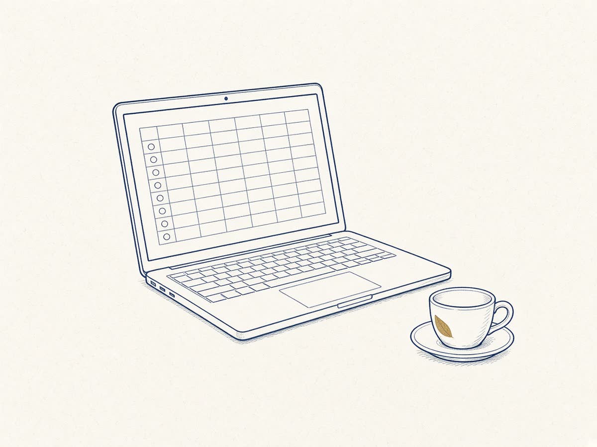Line drawing of a laptop showing an open ledger.