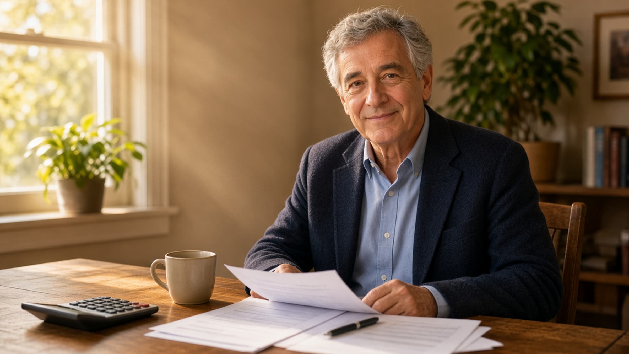 A certified public accountant at a sunlit desk, looking up with a smile.