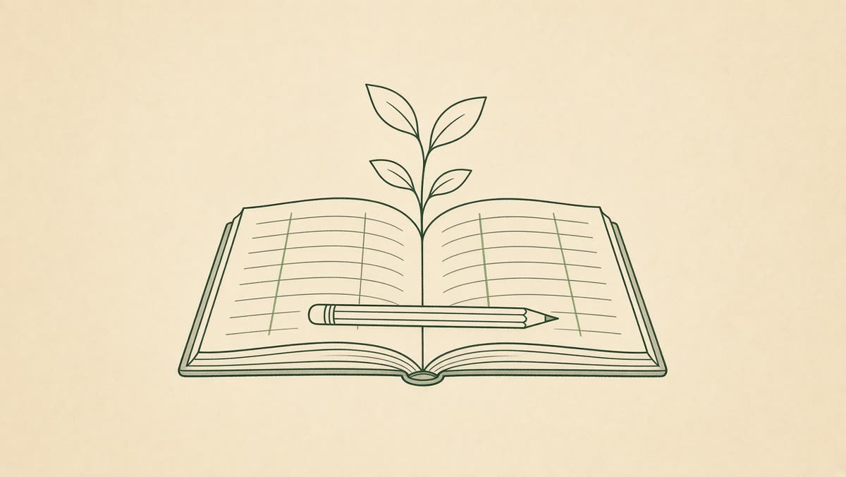 Line drawing of an open ledger with a pencil.