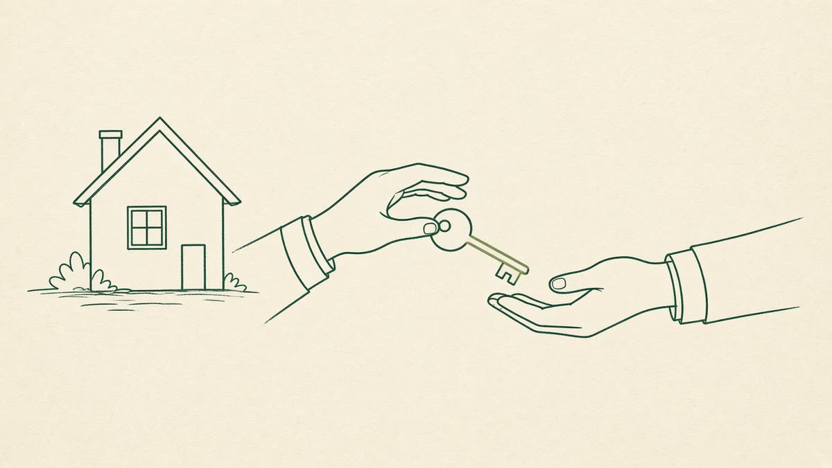 Line drawing of a house passing to a family.