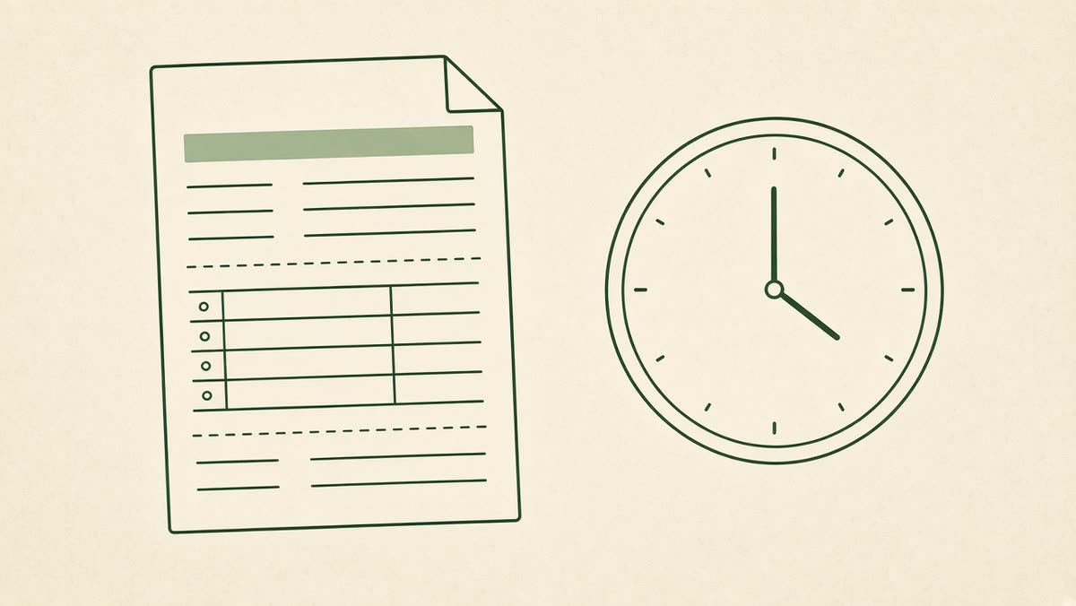 Line drawing of a pay stub and a clock.