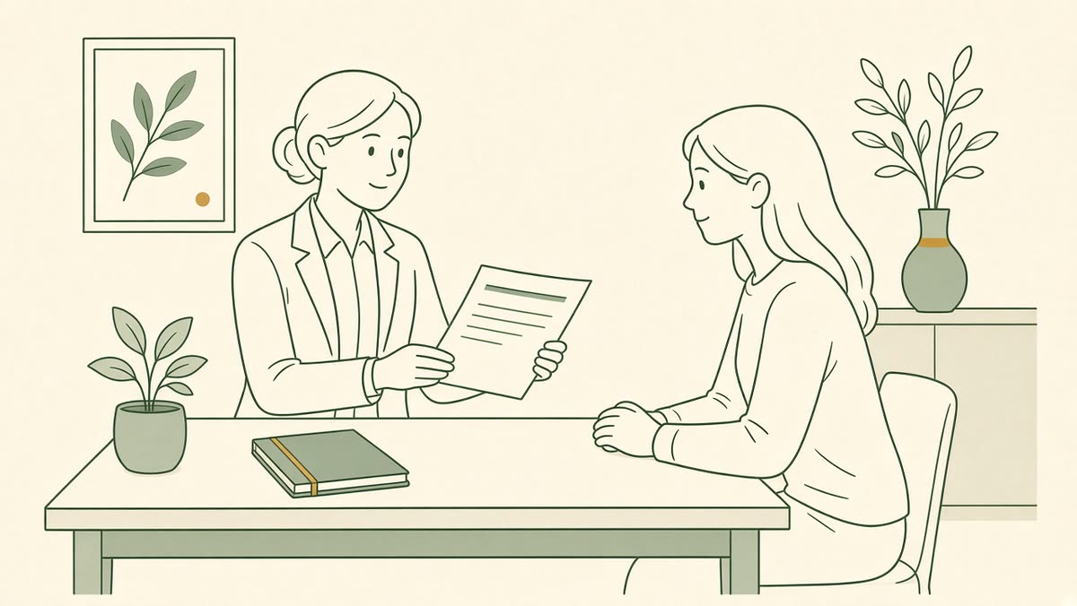 Line drawing of a CPA reviewing a tax return with a client.