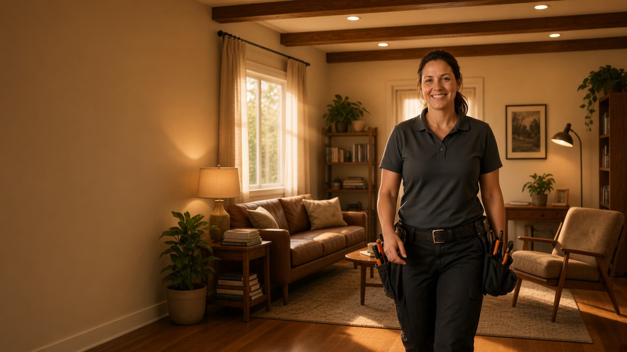 An electrician talking with a homeowner in a warm Los Angeles living room with recessed lights on.