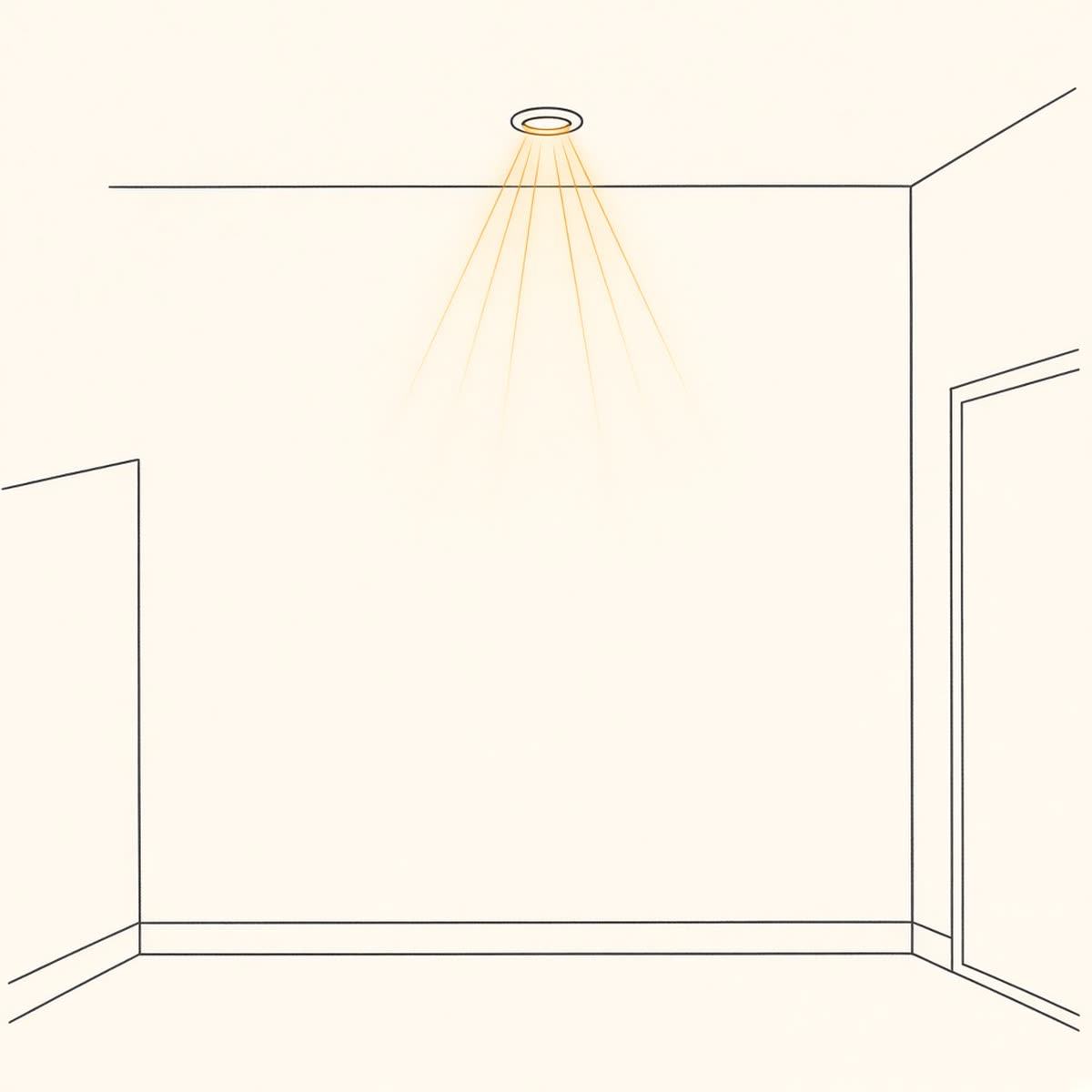 Line drawing of a recessed ceiling light glowing over a room.