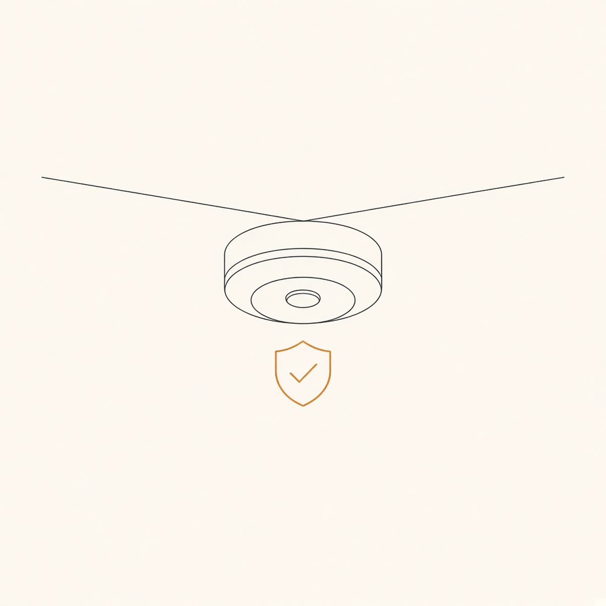Line drawing of a smoke detector on a ceiling.