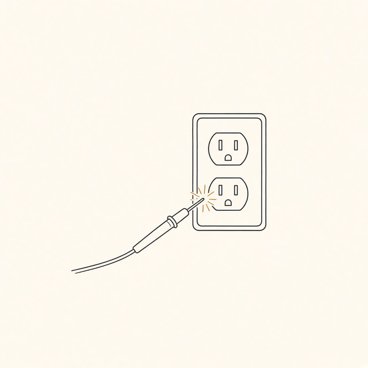 Line drawing of a wall outlet with a test meter beside it.
